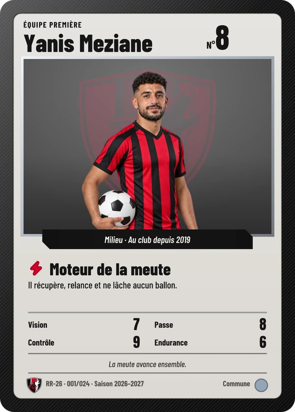 Carte de jeu de Yanis Meziane, milieu fictif de l’AS Rive-Rouge